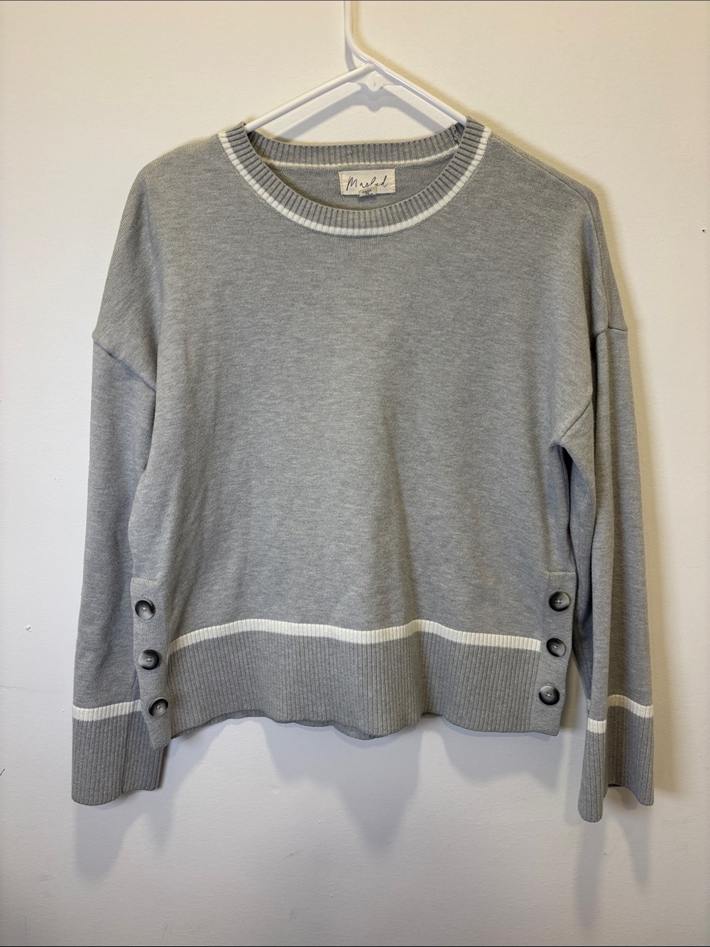 Marled Women’s Light Gray Crewneck Sweater with Button Detail Large